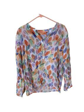 Freda Multicolor Womens Blouse Leaf Print Sheer Long Sleeve Lightweight Large
